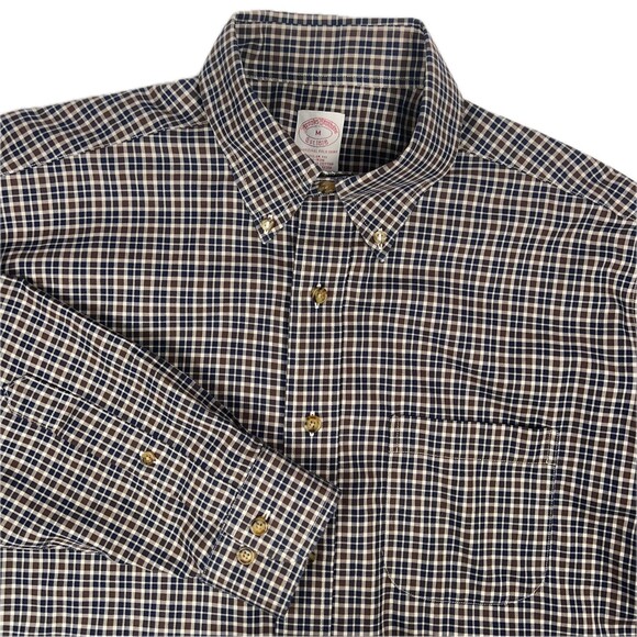 Brooks Brothers Sz Mens M Non-Iron Supima Brown Plaid Button-Down Long-Sleeve - Picture 1 of 10